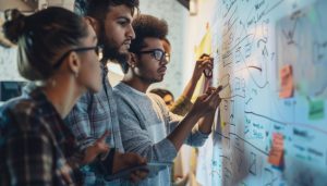 Team brainstorming with glass board for creativity and collaboration among colleagues AIG62